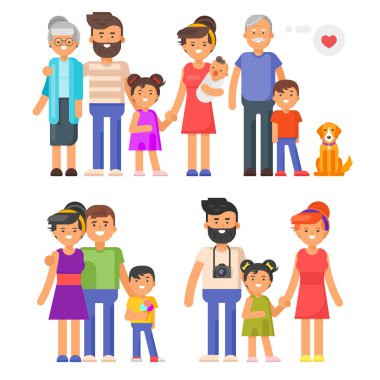 Vektör düz stil aile set. Anne-babalar, büyükanne ve büyükbaba, çocuklar