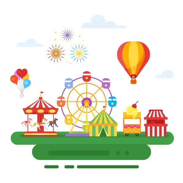 Vector flat style illustration of amusement park for kids. — Stock Vector