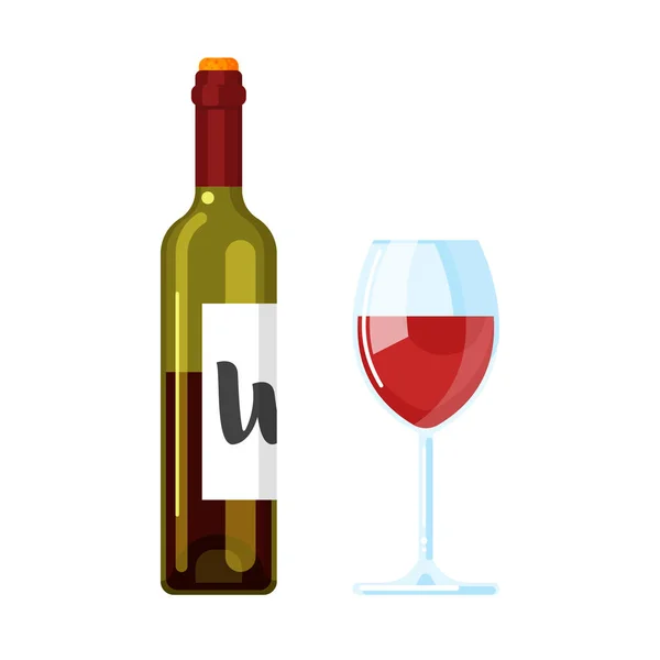 Vector flat style illustration of red wine bottle with wine glass. — Stock Vector