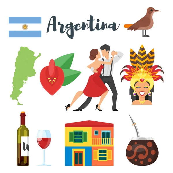 Conjunto de símbolos culturales nacionales argentinos de estilo plano vectorial — Vector de stock