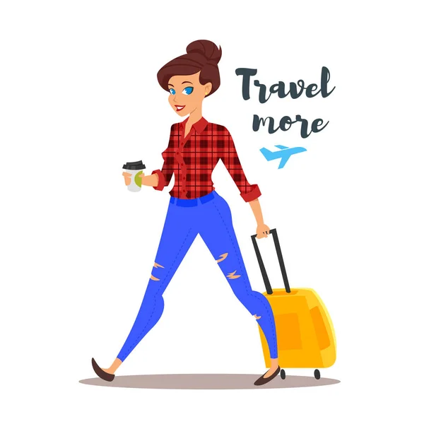 Vectorillustratie vlakke stijl van jonge mooie vrouw met een travel case. — Stockvector