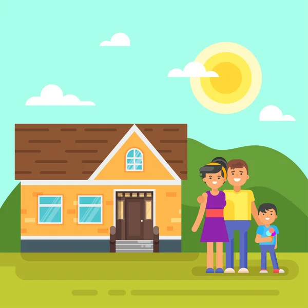 Ilustração em estilo plano vetorial de casa com família feliz . — Vetor de Stock