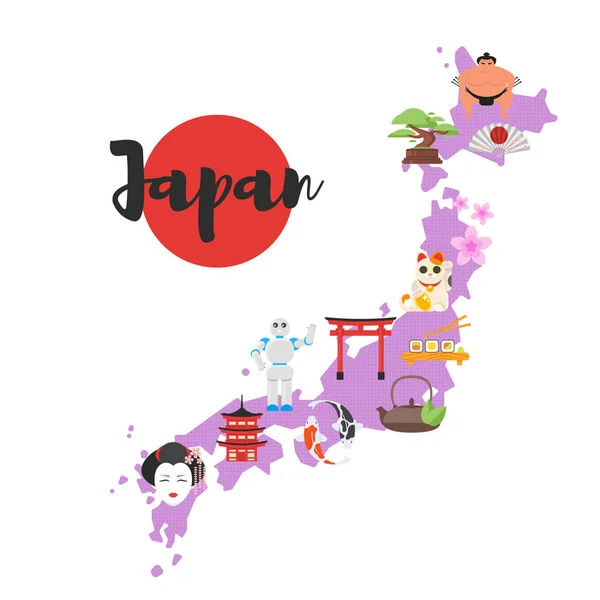 Carte du Japon avec symboles culturels nationaux japonais. Isolé sur fond blanc . — Image vectorielle
