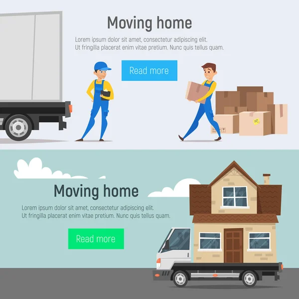 Vector cartoon style moving home banners of loaders movers man — Stock Vector