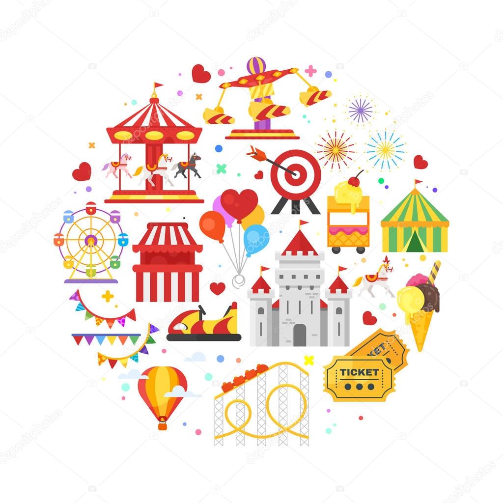 Vector flat style round composition of amusement park symbols