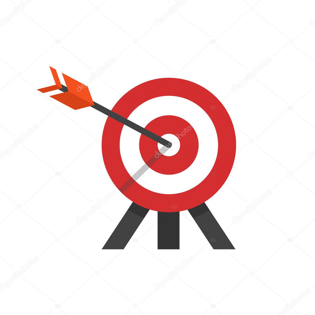  flat style illustration of target with arrow in a bulls eye on tripod.