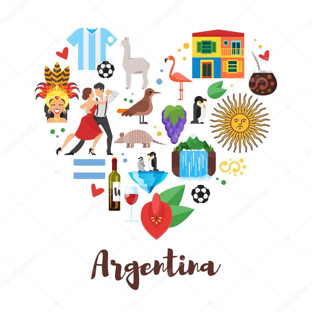  flat style heart shape composition of Argentina national cultural symbols.