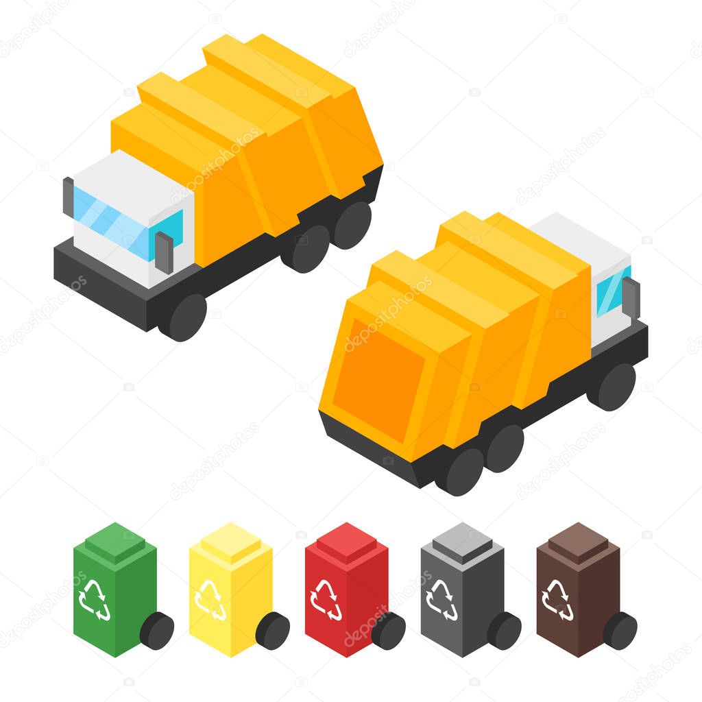 Vector isometric garbage truck. Back and front view.