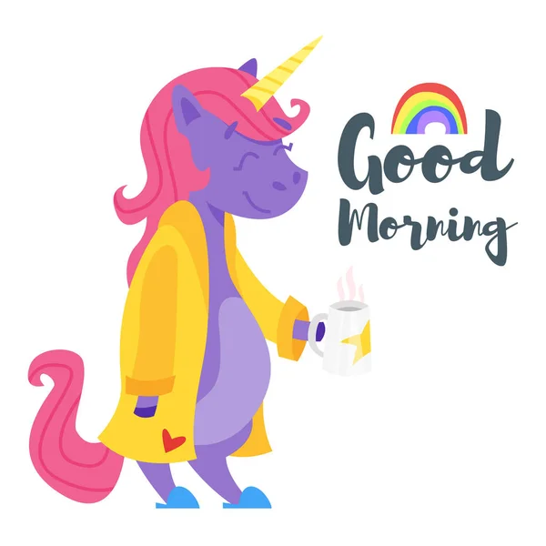 Desenho animado ilustração estilo de feliz unicórnio beber chá pela manhã . —  Vetores de Stock