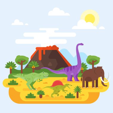 Tarih öncesi Peyzaj ve volkan dinozorlar ile.