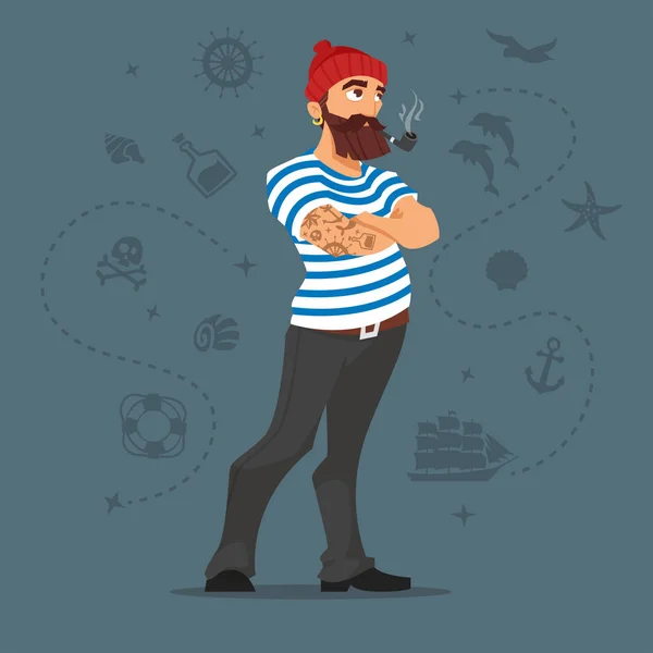 Illustration of bearded sailor smoking pipe. — Stock Vector