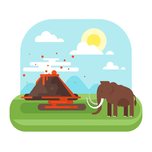 Prehistoric landscape and volcano with mammoth — Stock Vector