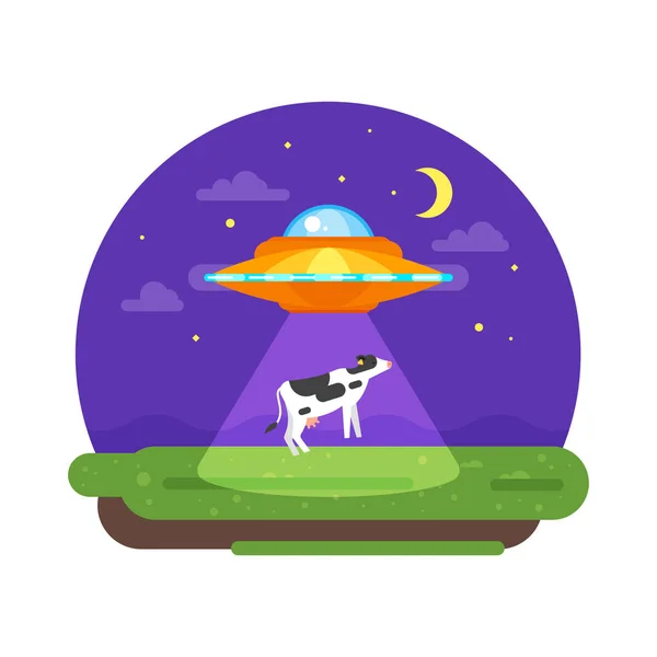 Alien ship truing to abduct a cow at night. — Stock Vector