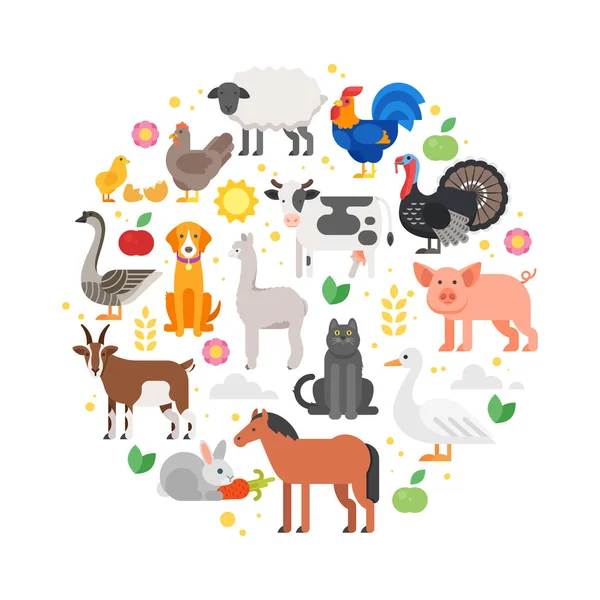Ronde van de samenstelling van de pictogrammen van de dieren van de boerderij. — Stockvector