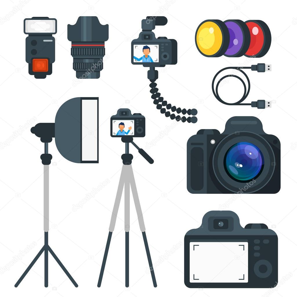  flat style set of photo equipment.