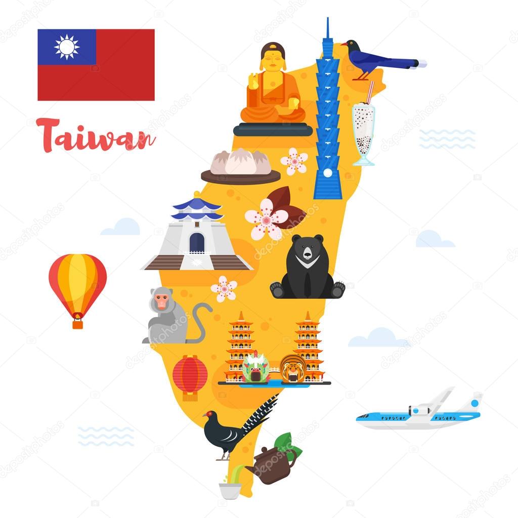 Taiwan map with cultural symbols.