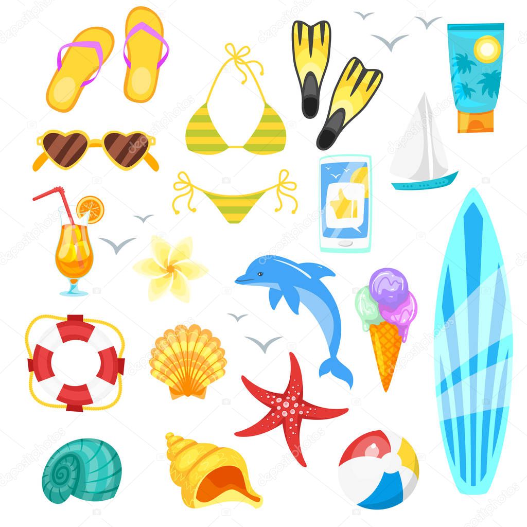 Vector cartoon style set of summer objects.