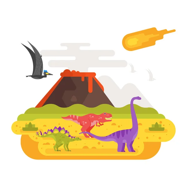 Pravěká krajina a sopka s dinosaury. — Stockový vektor