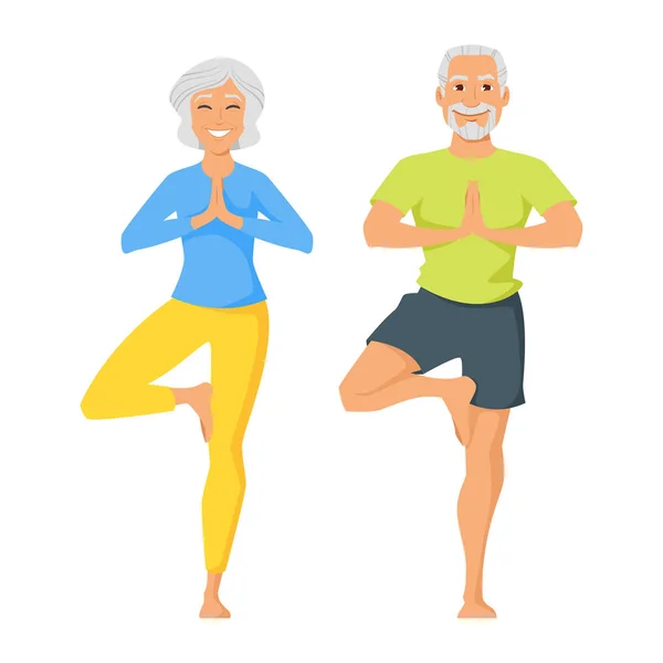 Feliz hombre y mujer senior haciendo yoga — Archivo Imágenes Vectoriales