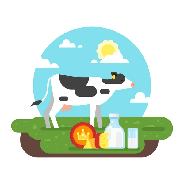 Pastoreo de vacas en un campo y productos lácteos — Archivo Imágenes Vectoriales