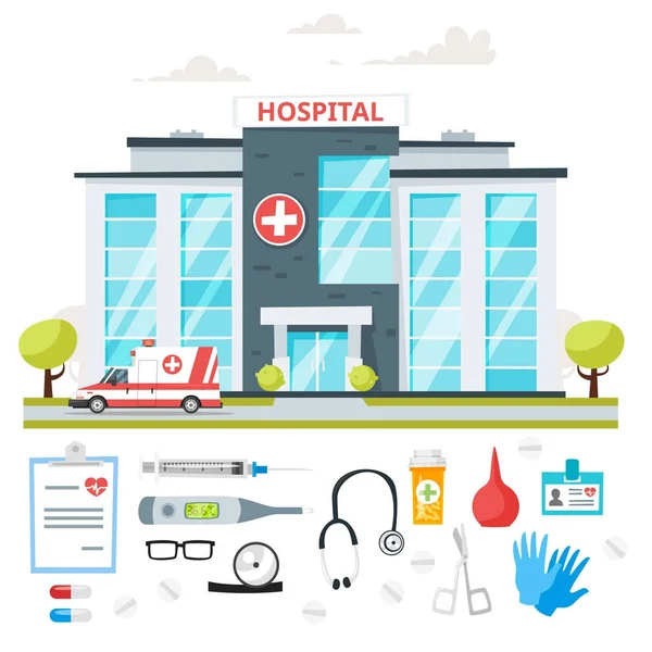 Ziekenhuis bouwen met ambulance auto — Stockvector