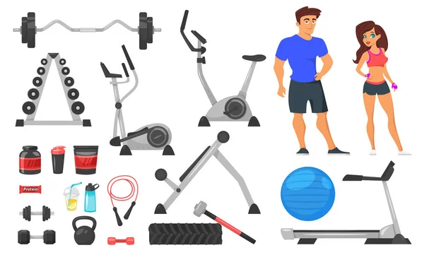 Nutrición deportiva, equipamiento y personajes — Vector de stock