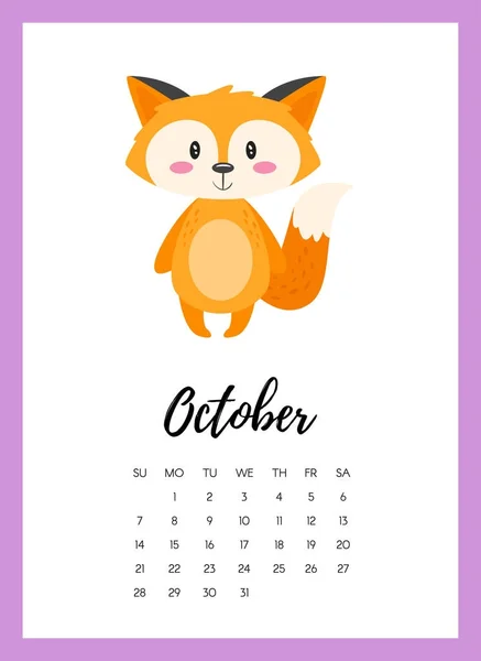 Ottobre 2018 pagina calendario anno — Vettoriale Stock