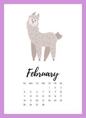 Şubat 2018 yıl takvim sayfası ile sevimli hayvan alpaka vektör karikatür tarzı çizim. Yazdırma için şablon.