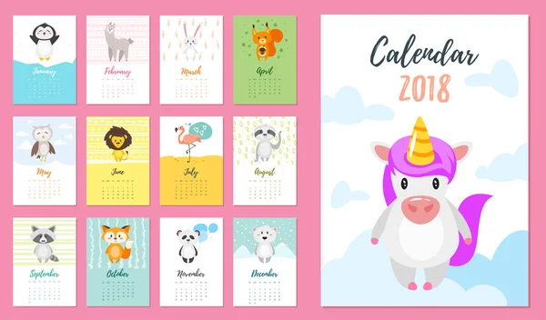 Календар на 2018 рік з тваринами — стоковий вектор