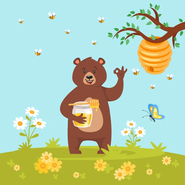 달콤한 벌 꿀을 먹는 곰 캐릭터 — 스톡 벡터