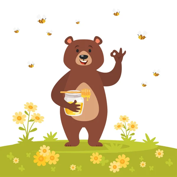 Orso carattere mangiare miele dolce — Vettoriale Stock