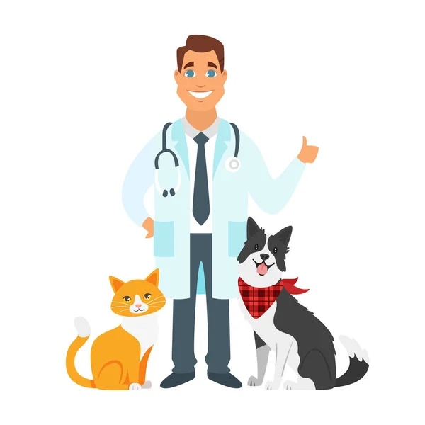 Médico veterinário com gato, cão — Vetor de Stock