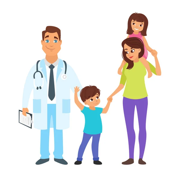 Ο γιατρός με τη μητέρα και τα παιδιά — Διανυσματικό Αρχείο