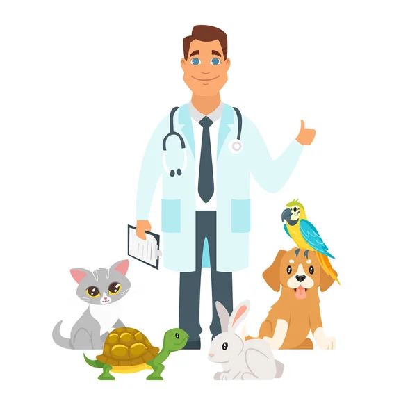 Veterinario rodeado de mascotas caseras — Archivo Imágenes Vectoriales