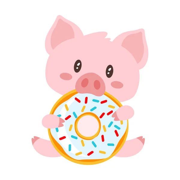 Cerdo sentado y comiendo donut — Vector de stock