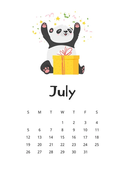 Calendrier de juillet avec modèle de panda — Image vectorielle