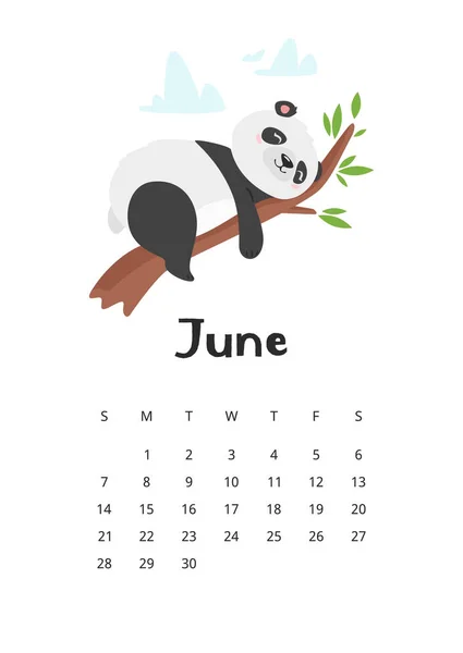 带有熊猫模板的六月历 — 图库矢量图片