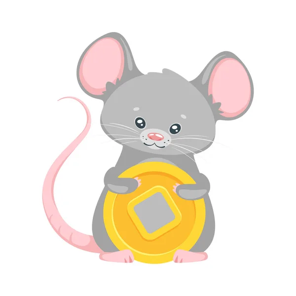 Kawaii mouse segurando moeda chinesa —  Vetores de Stock