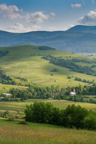 Paisaje escénico del campo cerca de las montañas alpinas . Fotos de stock libres de derechos