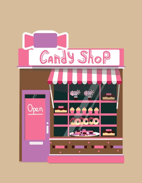 Vector modern candy shop detailed facade background in flat style — Stock Vector