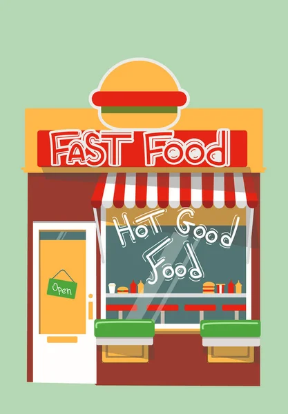 Ast Food Shop detaillierte Fassade Hintergrund in flachem Stil, mit großen Burger — Stockvektor