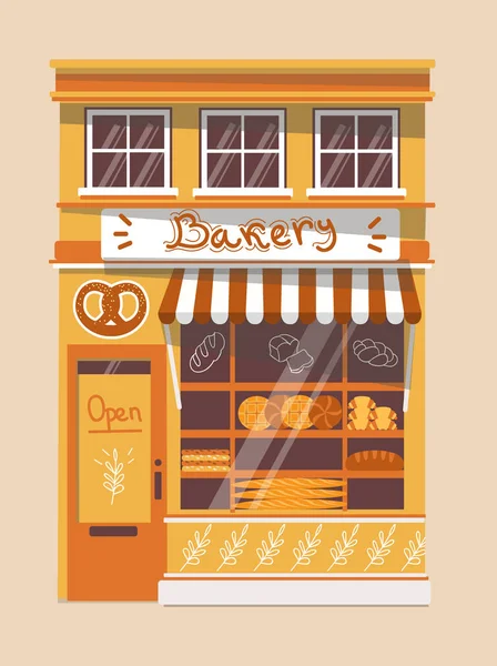 Cephe arka planda düz stil vektör modern Pastane Dükkanı ayrıntılı