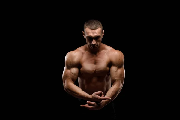 Muscular Bodybuilder Black Background Sports Nutrition Bodybuilding Nutrition Supplements Workout — Stock Photo, Image