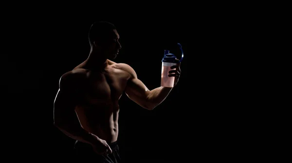 Muscular Bodybuilder Jar Protein Black Background Sports Nutrition Bodybuilding Nutrition — Stock Photo, Image