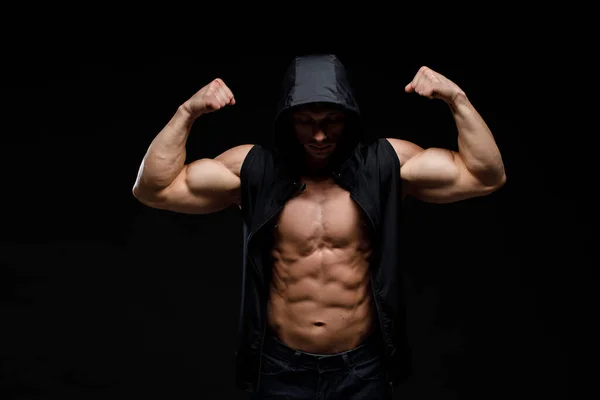 Μυώδης Μπόντι Μπίλντερ Σκούρο Φόντο Αθλητική Διατροφή Bodybuilding Συμπληρώματα Διατροφής — Φωτογραφία Αρχείου