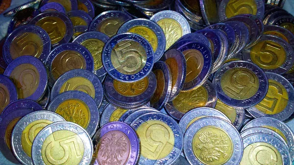 Sacco Monete Polacche Cinque Zloty Zloty Pln — Foto Stock