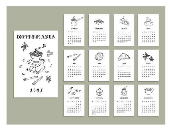Handgezeichneter Kalender für Kaffeemania — Stockvektor