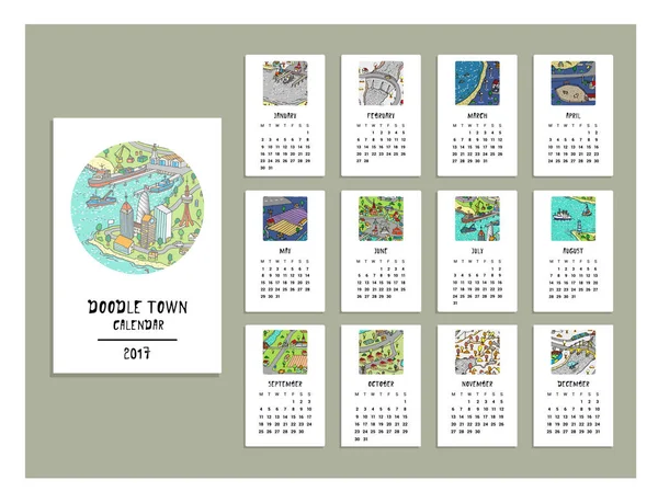 Hand dras doodle staden kalender — Stock vektor