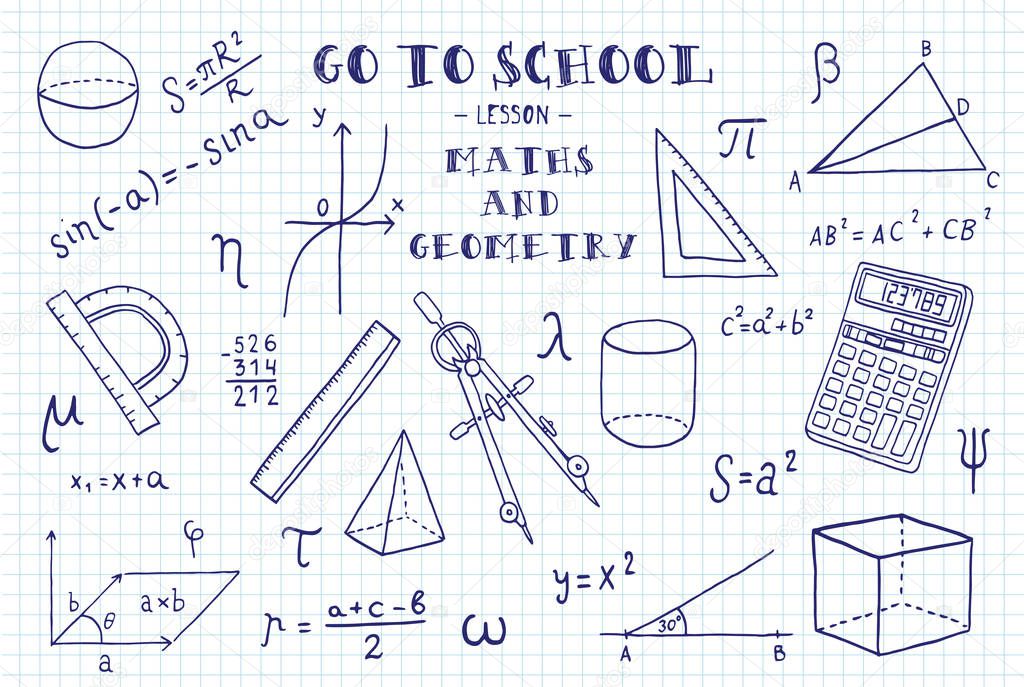 hand sketches of maths and geometry signs, vector illustration