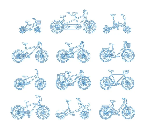 Set Hand Drawn Different Bicycles Vector Illustration White Background — Stock Vector